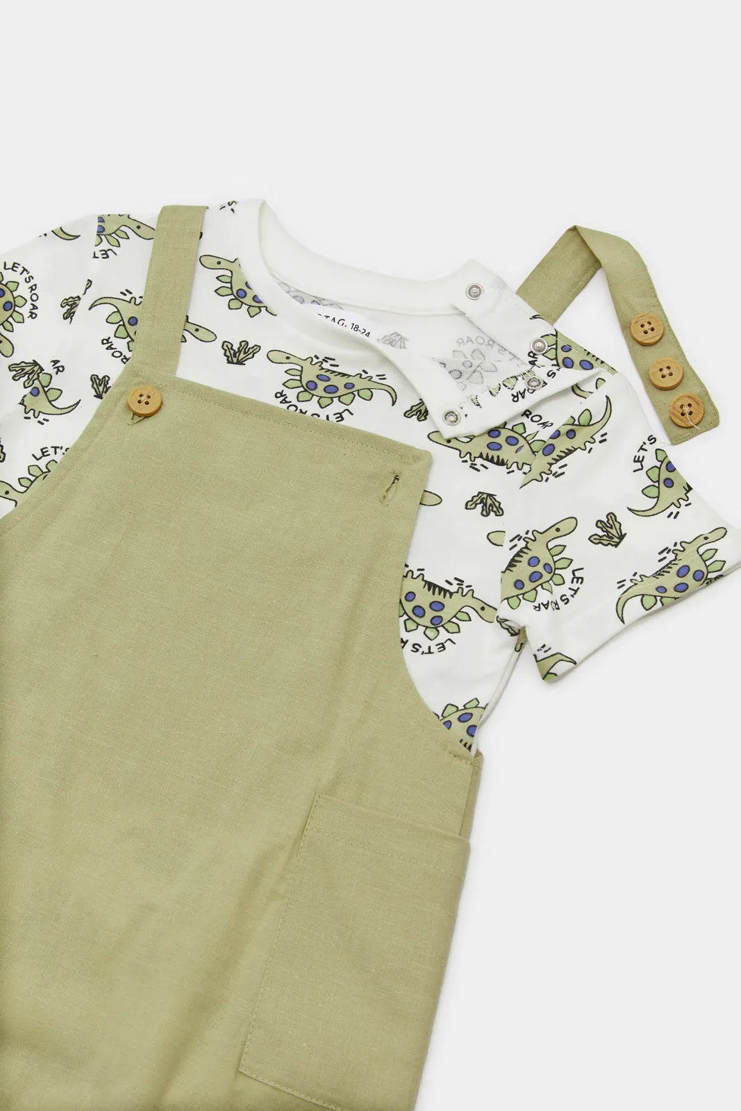 Infant Boys Green Dungaree With Cream Dino Printed T-Shirt (2 Piece)