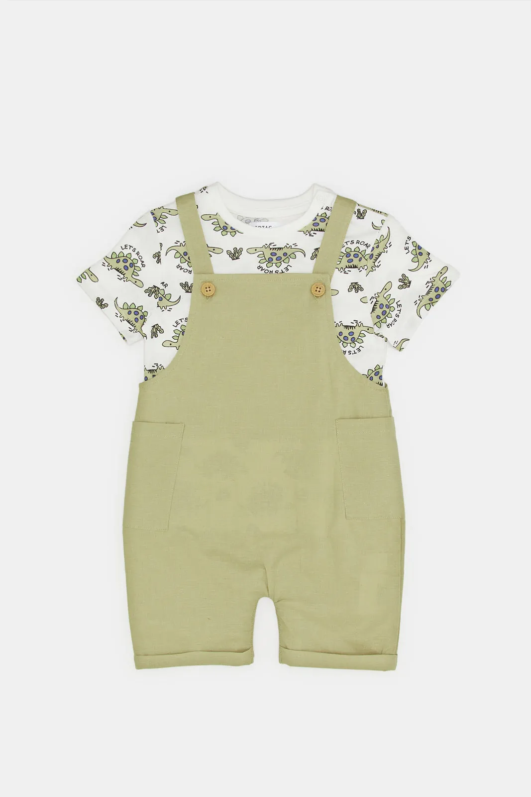 Infant Boys Green Dungaree With Cream Dino Printed T-Shirt (2 Piece)