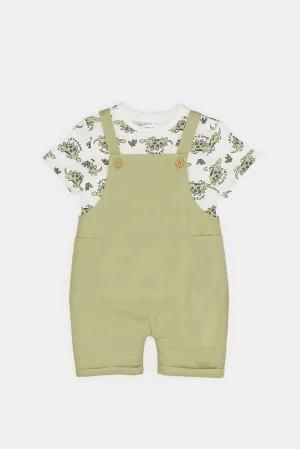 Infant Boys Green Dungaree With Cream Dino Printed T-Shirt (2 Piece)