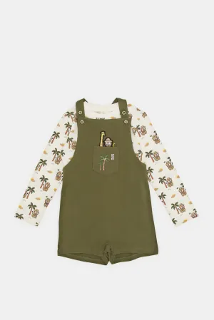 Infant Boys Ivory And Green Tiger Printed Dungaree (2 Piece)