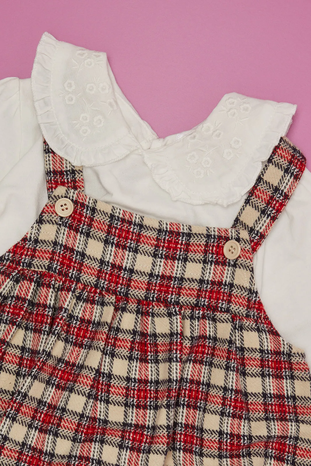 Infant Girls White And Red Checkered Dress With Tights Set (3 Piece)