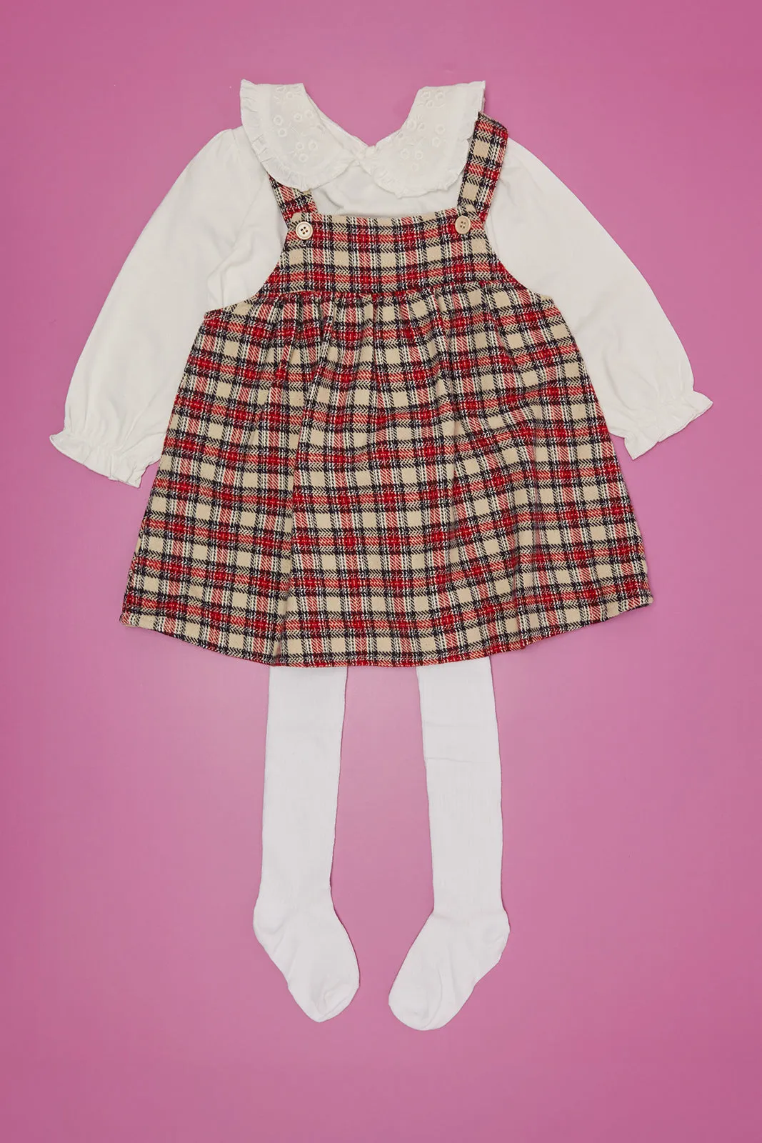 Infant Girls White And Red Checkered Dress With Tights Set (3 Piece)