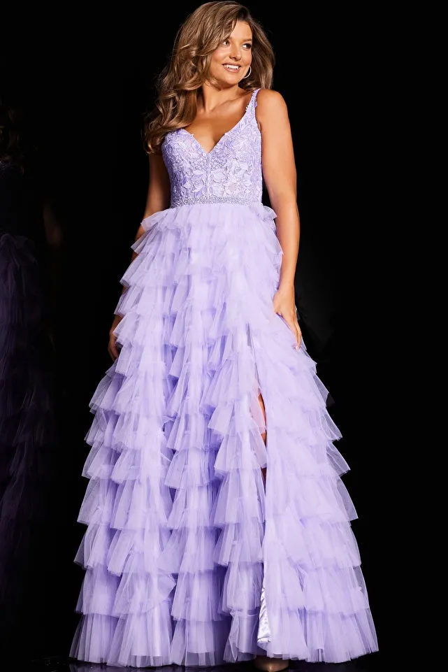 Jovani JVN37001 Size 00 Lilac Long Layer Tulle Maxi Slit Prom Dress Sheer Lace Corset Formal A Line Gown