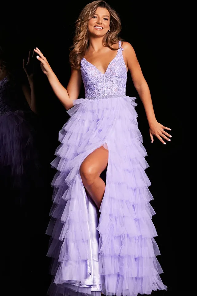 Jovani JVN37001 Size 00 Lilac Long Layer Tulle Maxi Slit Prom Dress Sheer Lace Corset Formal A Line Gown