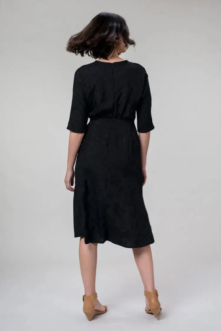 KATIE DRESS IN LINEN BLACK ROSE by Wilga Clothing