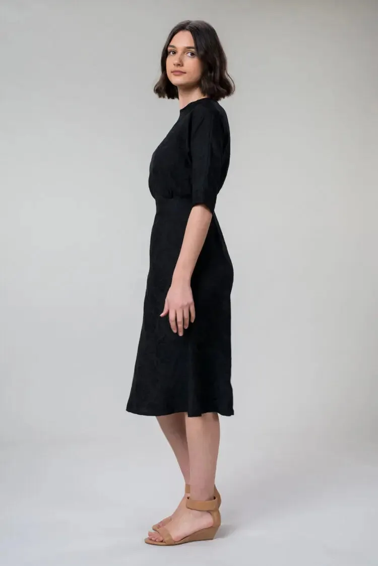 KATIE DRESS IN LINEN BLACK ROSE by Wilga Clothing