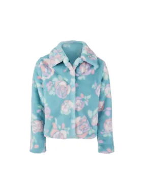 Kids Girl's Rose Printed Faux Fur Jacket,Blue