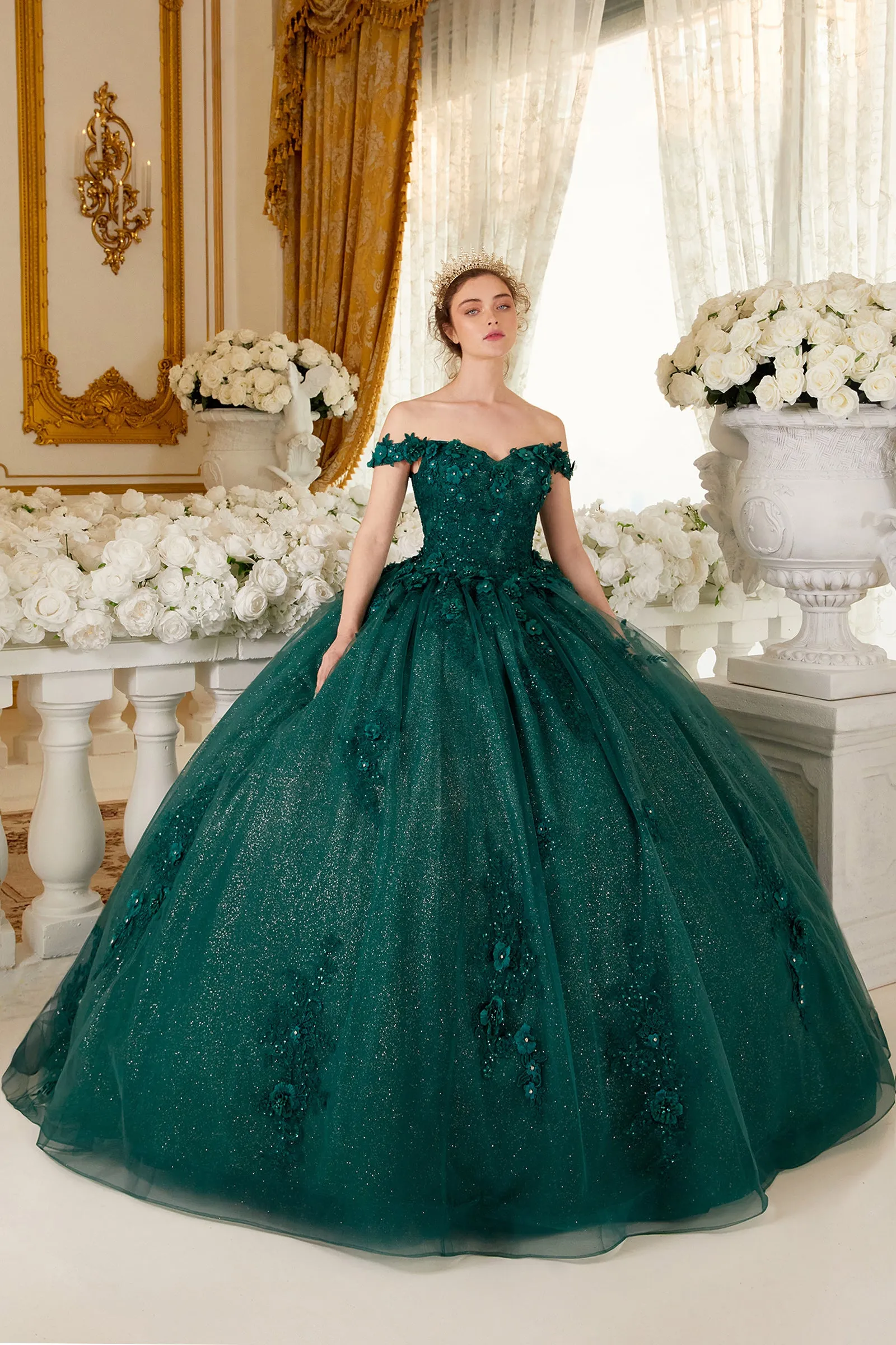 Ladivine 15702 Floral Off the Shoulder Floral Quince Ball Gown