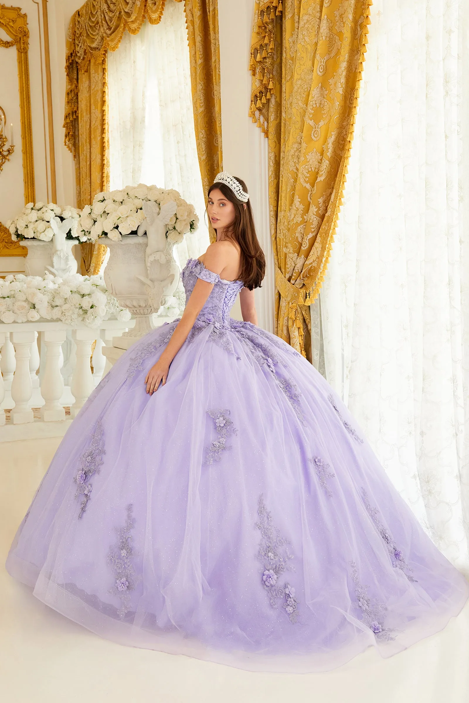 Ladivine 15702 Floral Off the Shoulder Floral Quince Ball Gown