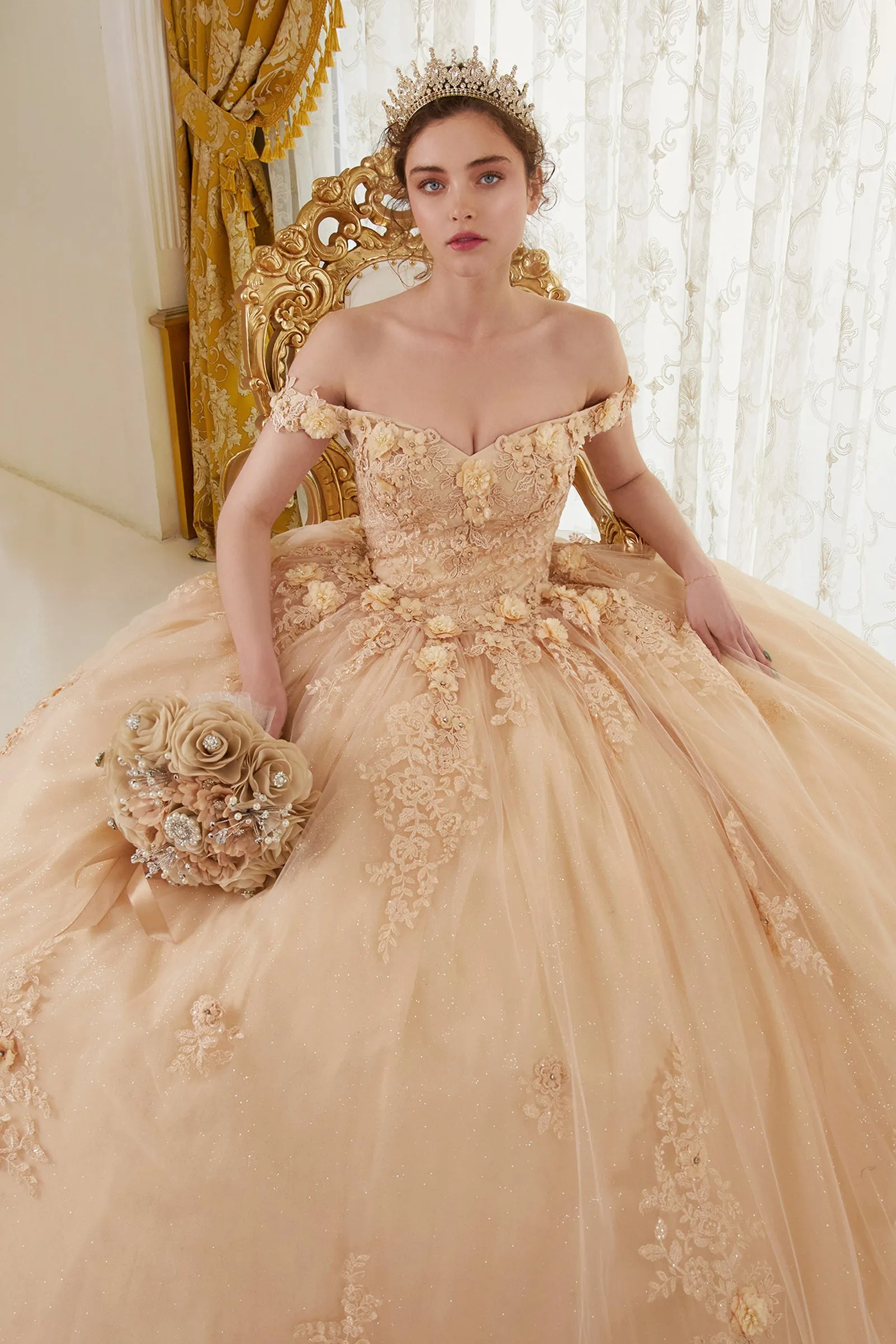 Ladivine 15702 Floral Off the Shoulder Floral Quince Ball Gown