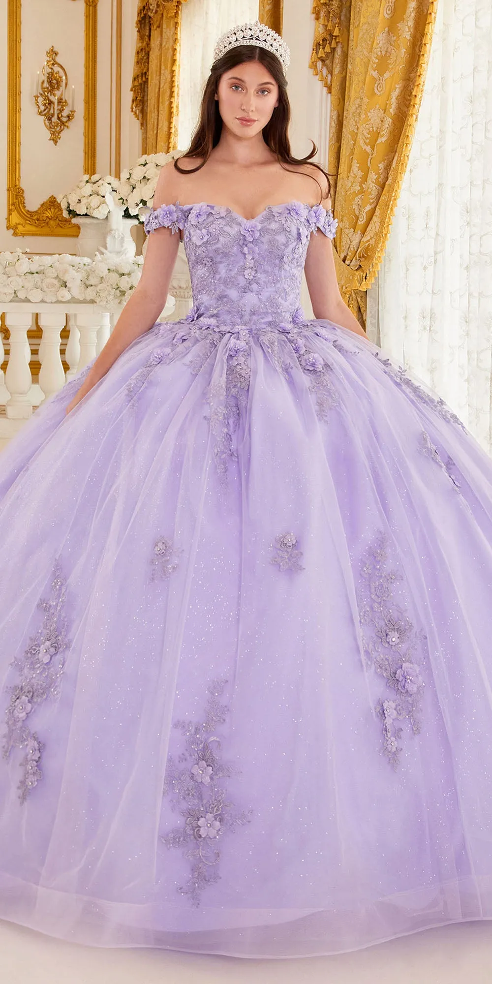 Ladivine 15702 Floral Off the Shoulder Floral Quince Ball Gown