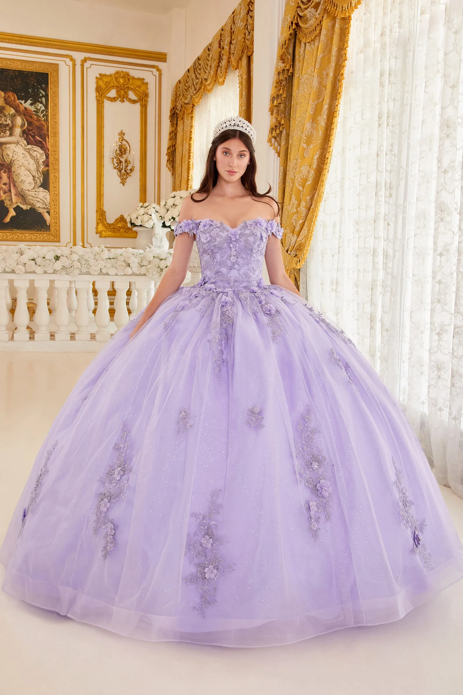 Ladivine 15702 Floral Off the Shoulder Floral Quince Ball Gown