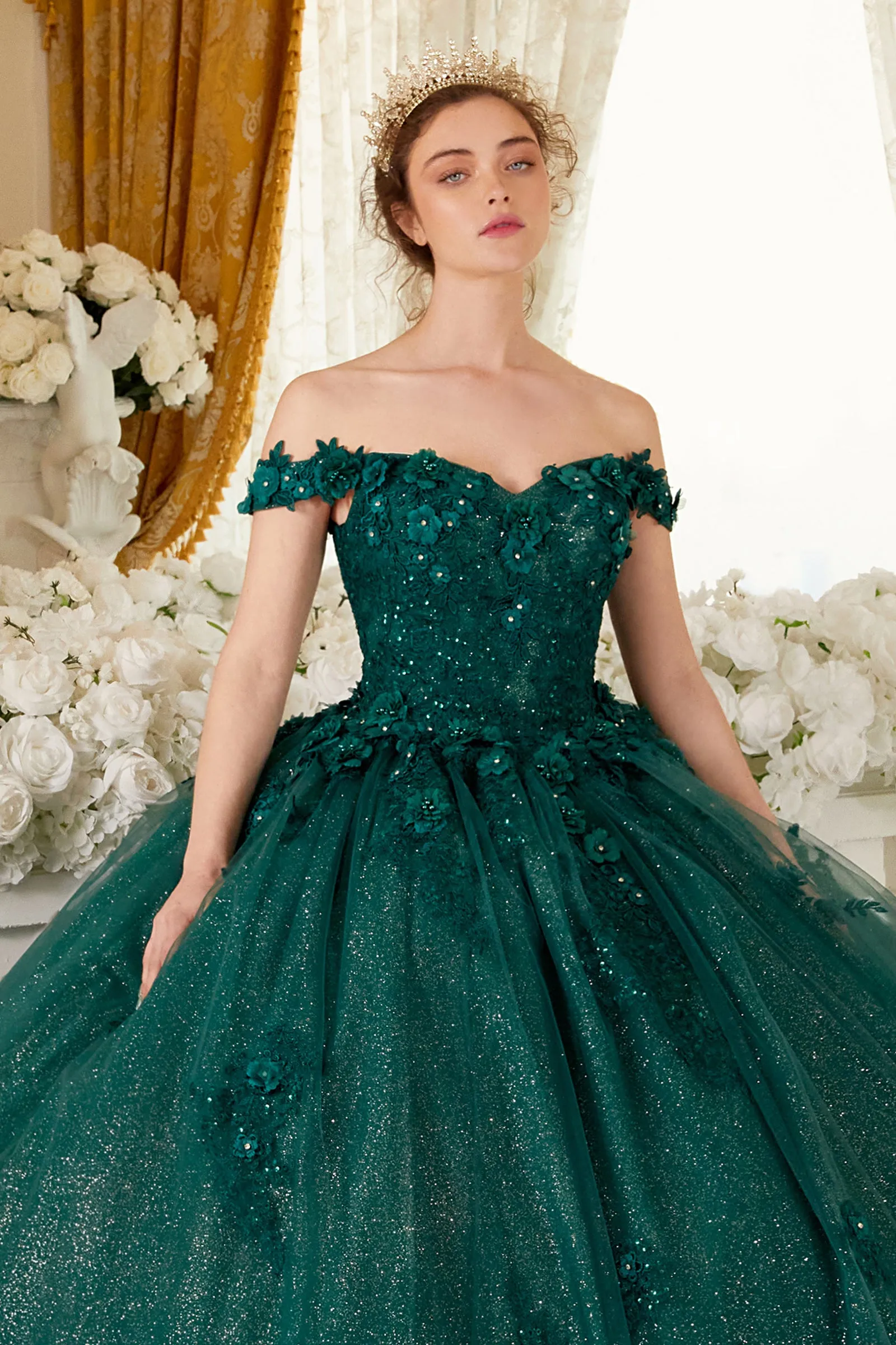 Ladivine 15702 Floral Off the Shoulder Floral Quince Ball Gown