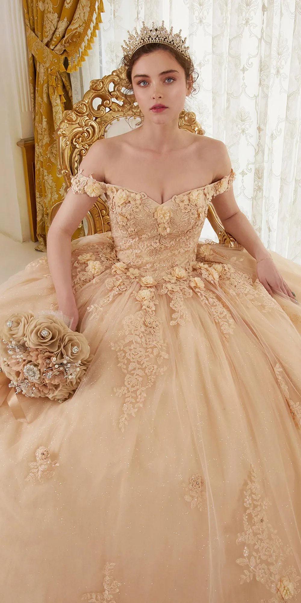 Ladivine 15702 Floral Off the Shoulder Floral Quince Ball Gown