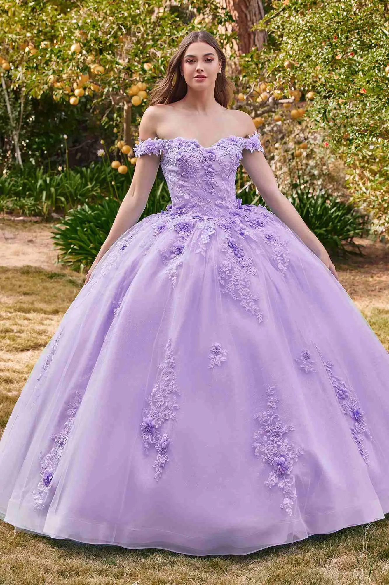 Ladivine 15702 Floral Off the Shoulder Floral Quince Ball Gown