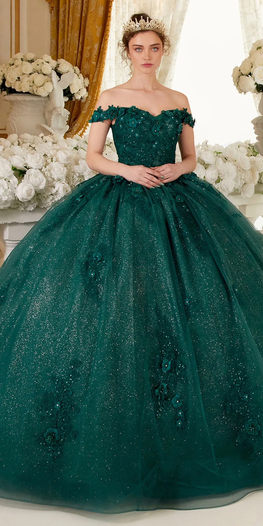 Ladivine 15702 Floral Off the Shoulder Floral Quince Ball Gown