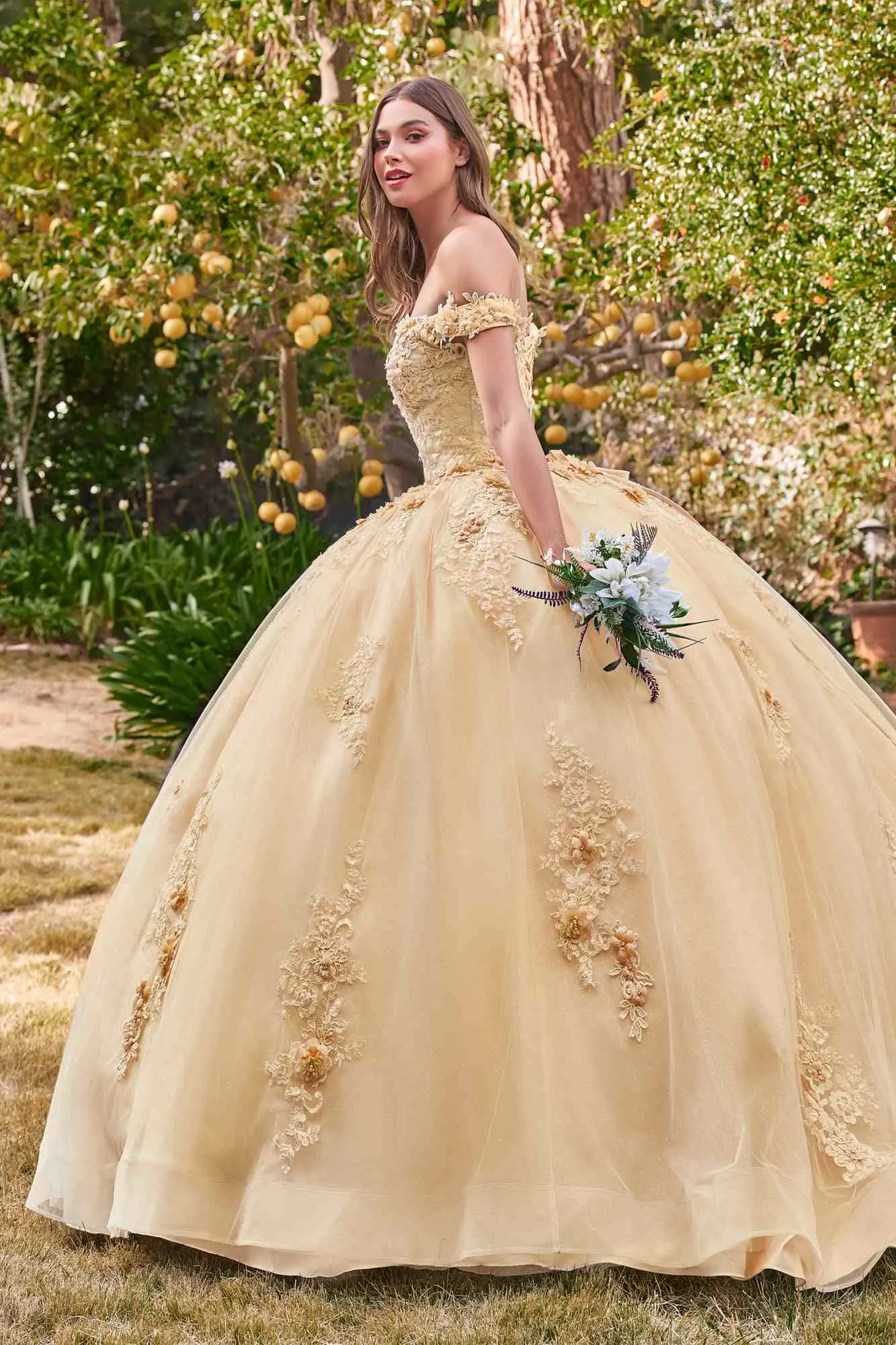 Ladivine 15702 Floral Off the Shoulder Floral Quince Ball Gown