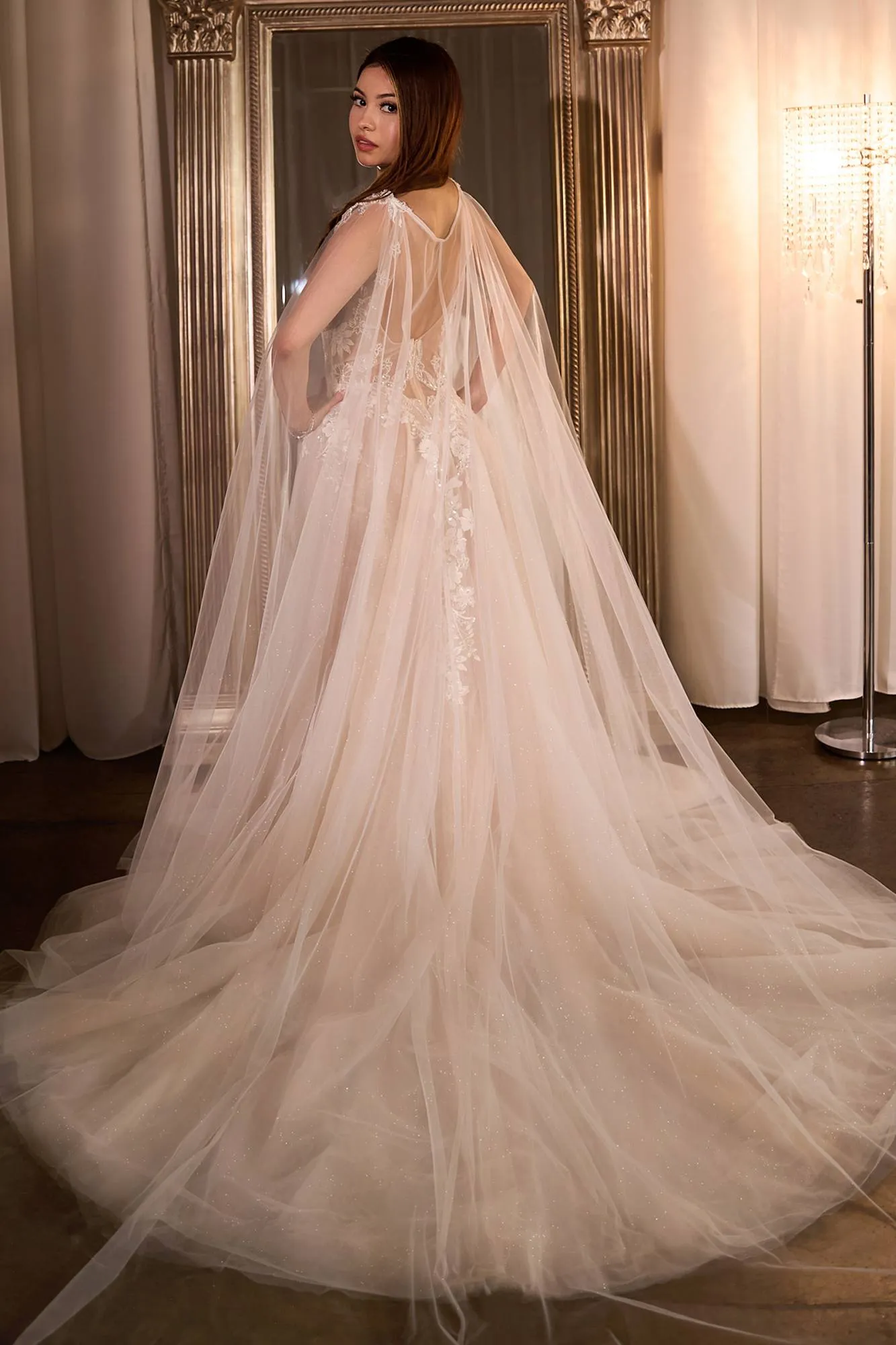 Ladivine CDS476W Long Layered Tulle & Lace Bridal Ball Gown