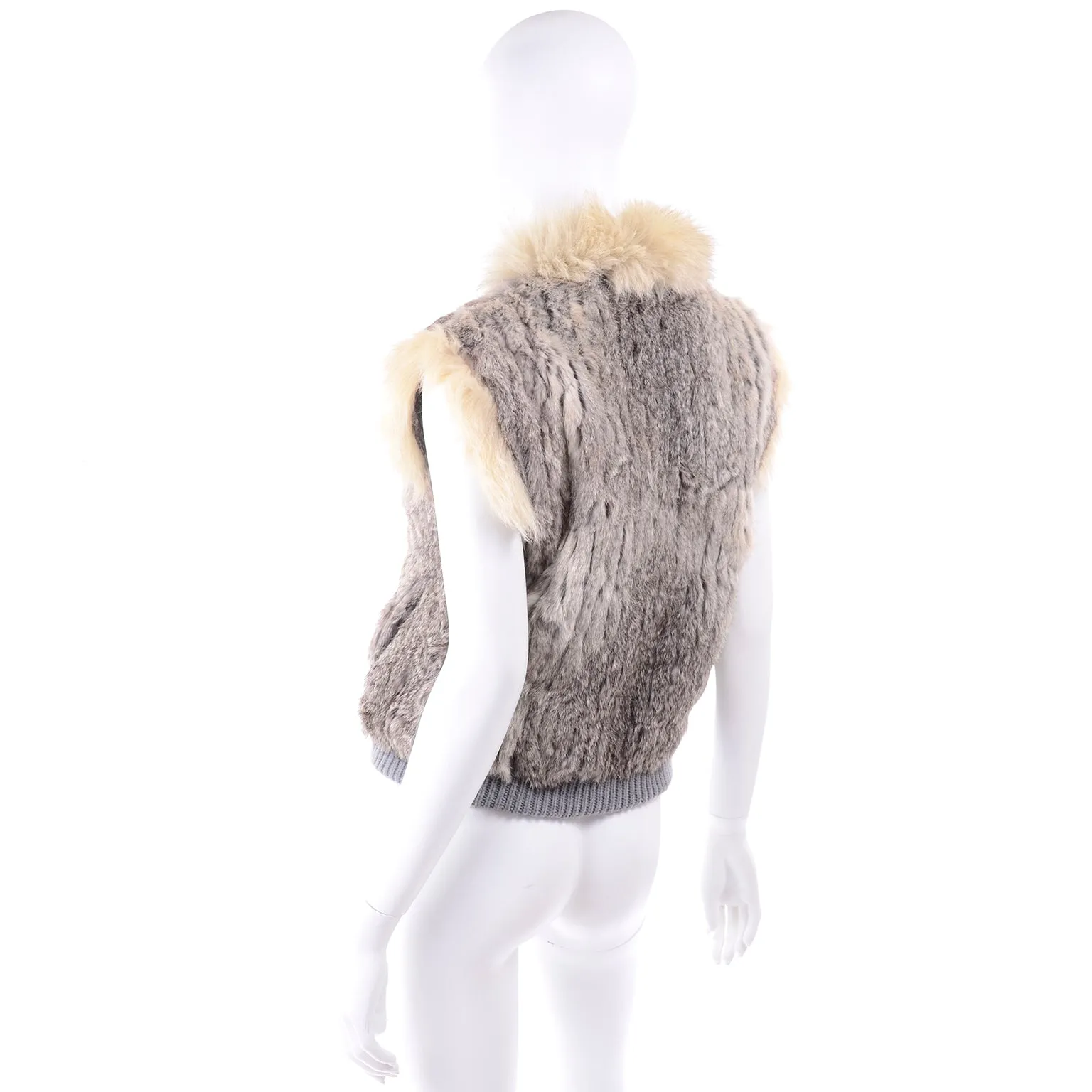 Late 1970s Vintage Finland Fox Fur Trimmed Dyed Rabbit Fur Zip Front Vest