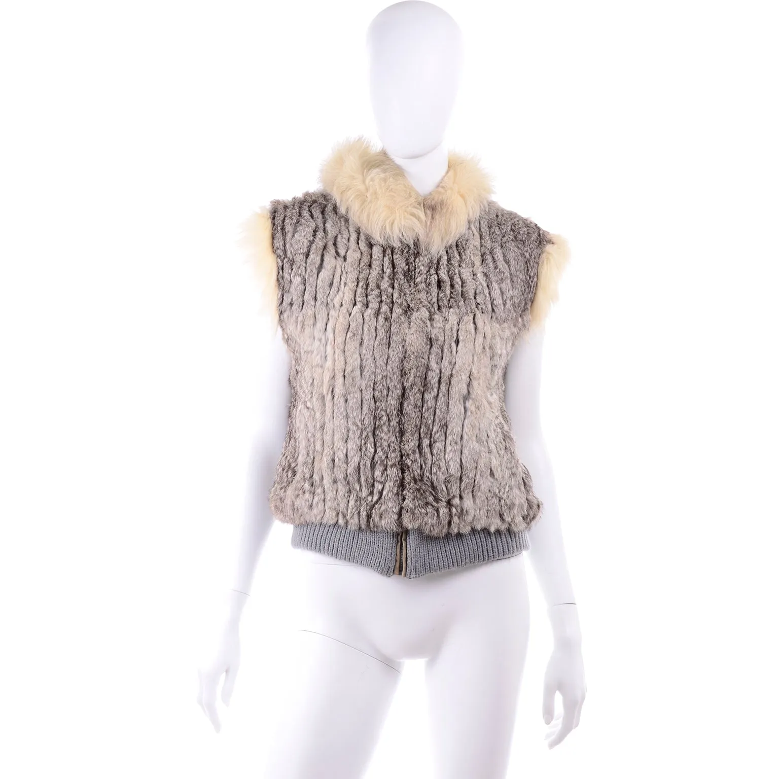 Late 1970s Vintage Finland Fox Fur Trimmed Dyed Rabbit Fur Zip Front Vest