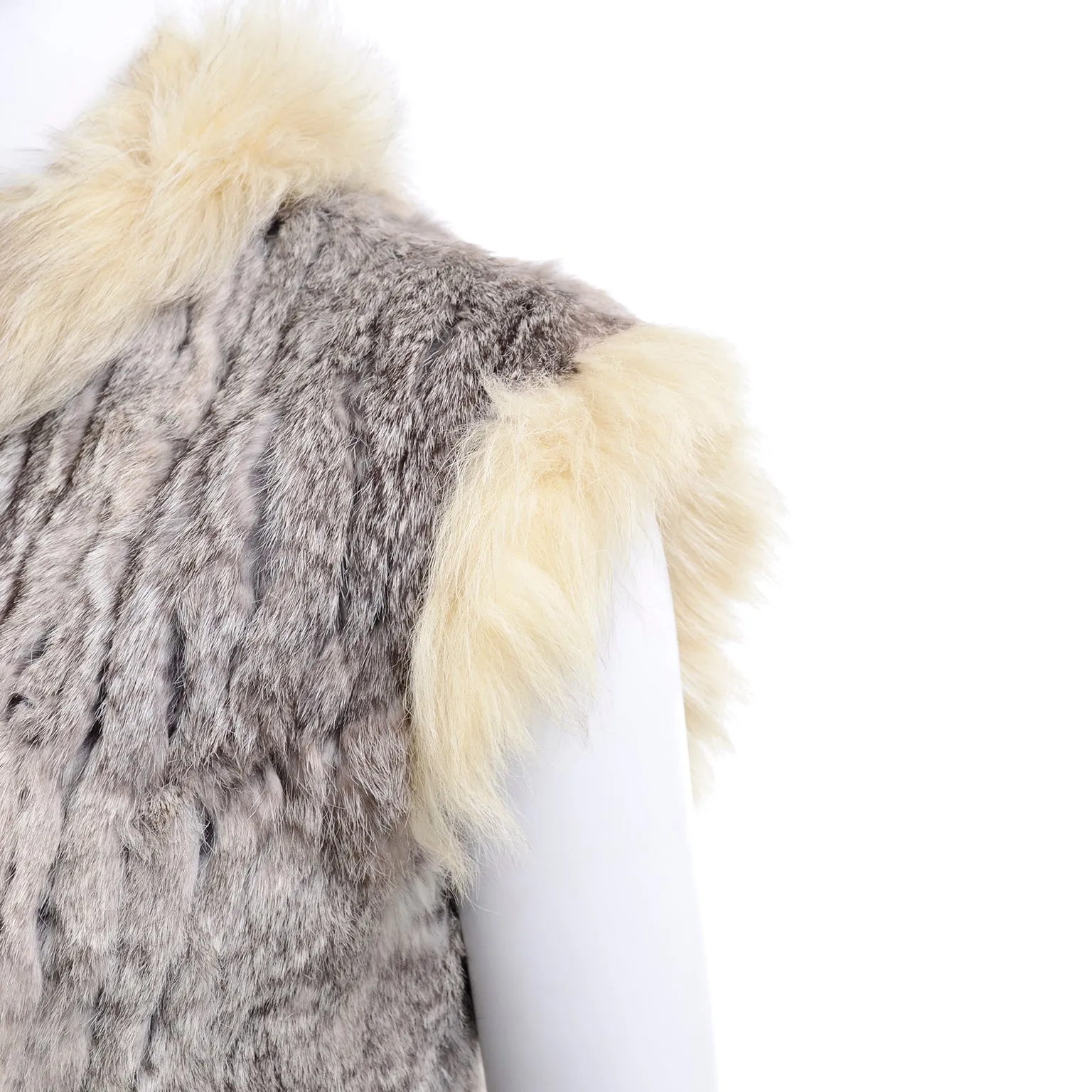 Late 1970s Vintage Finland Fox Fur Trimmed Dyed Rabbit Fur Zip Front Vest