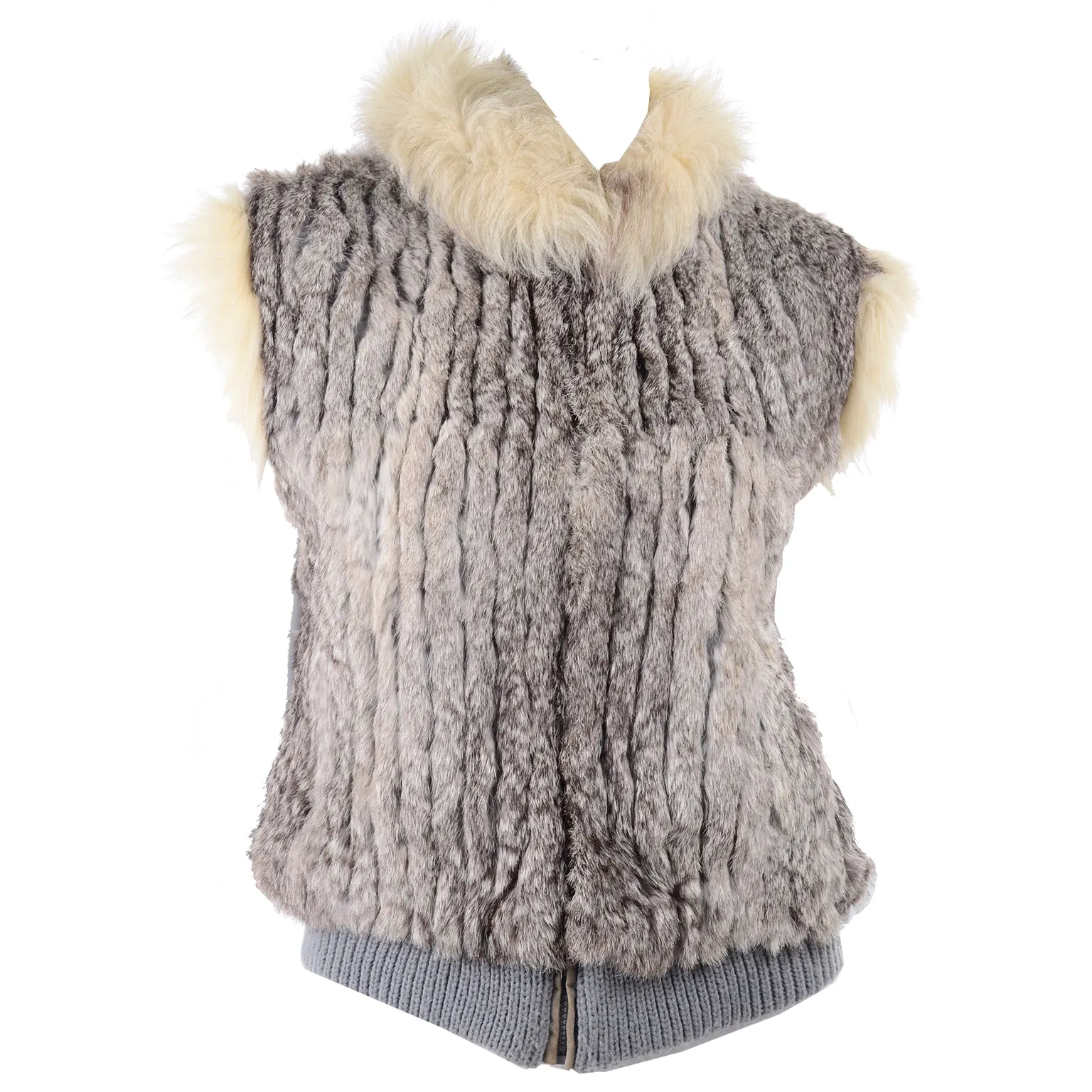 Late 1970s Vintage Finland Fox Fur Trimmed Dyed Rabbit Fur Zip Front Vest