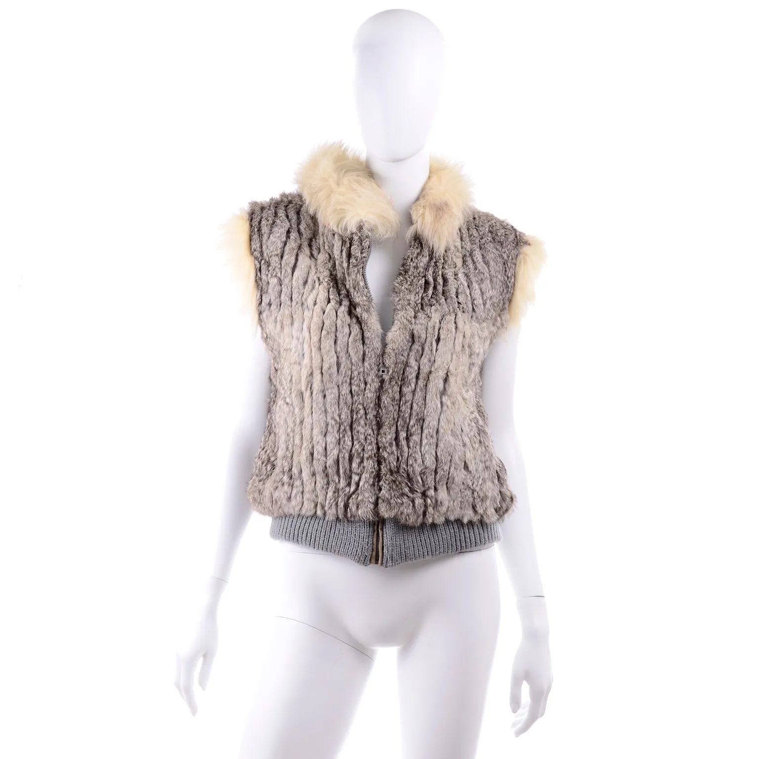 Late 1970s Vintage Finland Fox Fur Trimmed Dyed Rabbit Fur Zip Front Vest