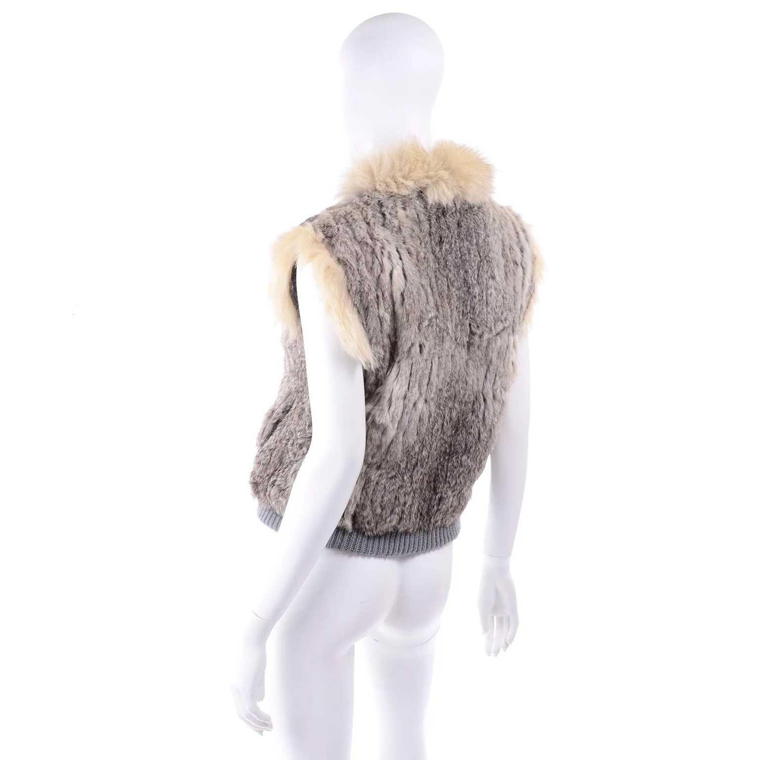 Late 1970s Vintage Finland Fox Fur Trimmed Dyed Rabbit Fur Zip Front Vest