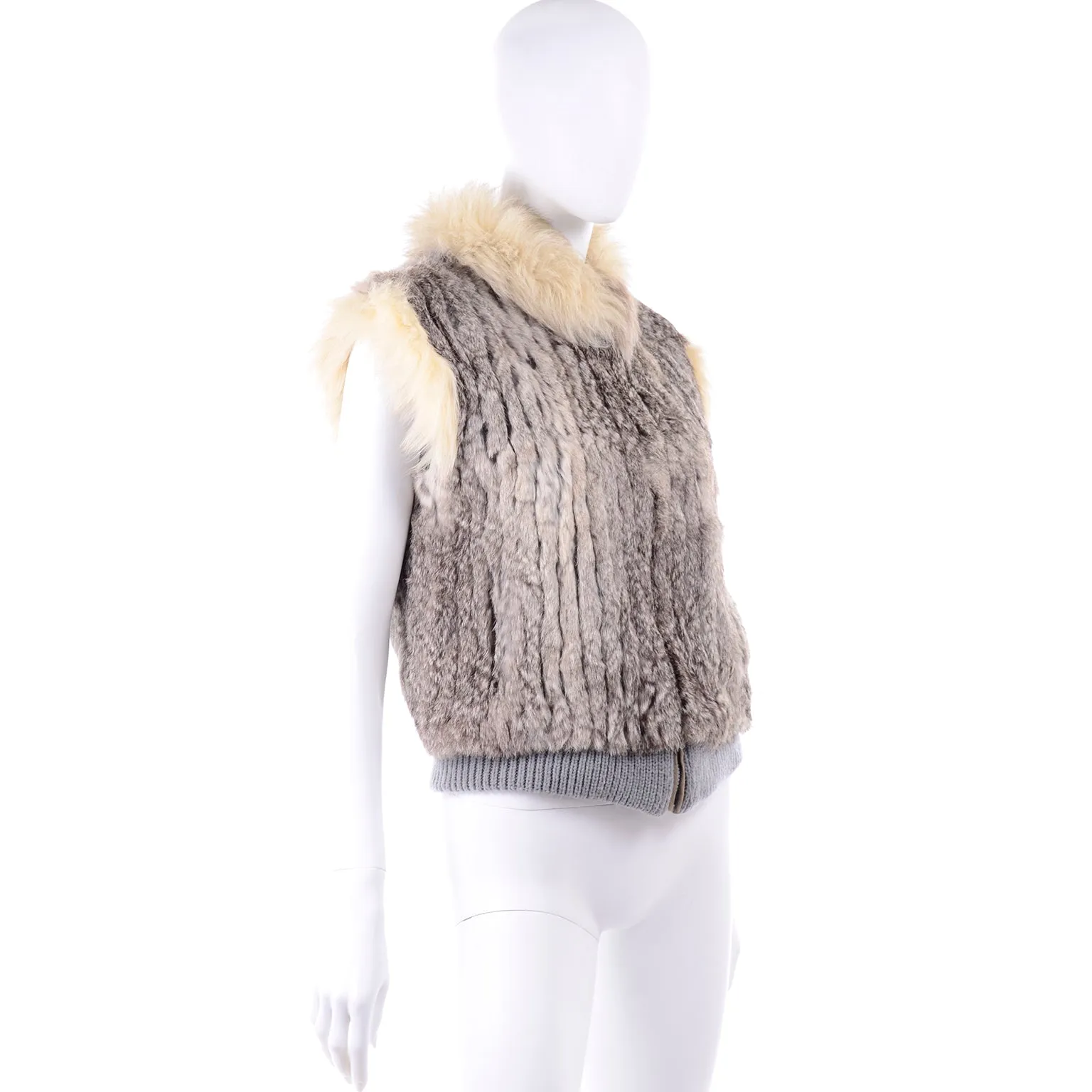 Late 1970s Vintage Finland Fox Fur Trimmed Dyed Rabbit Fur Zip Front Vest