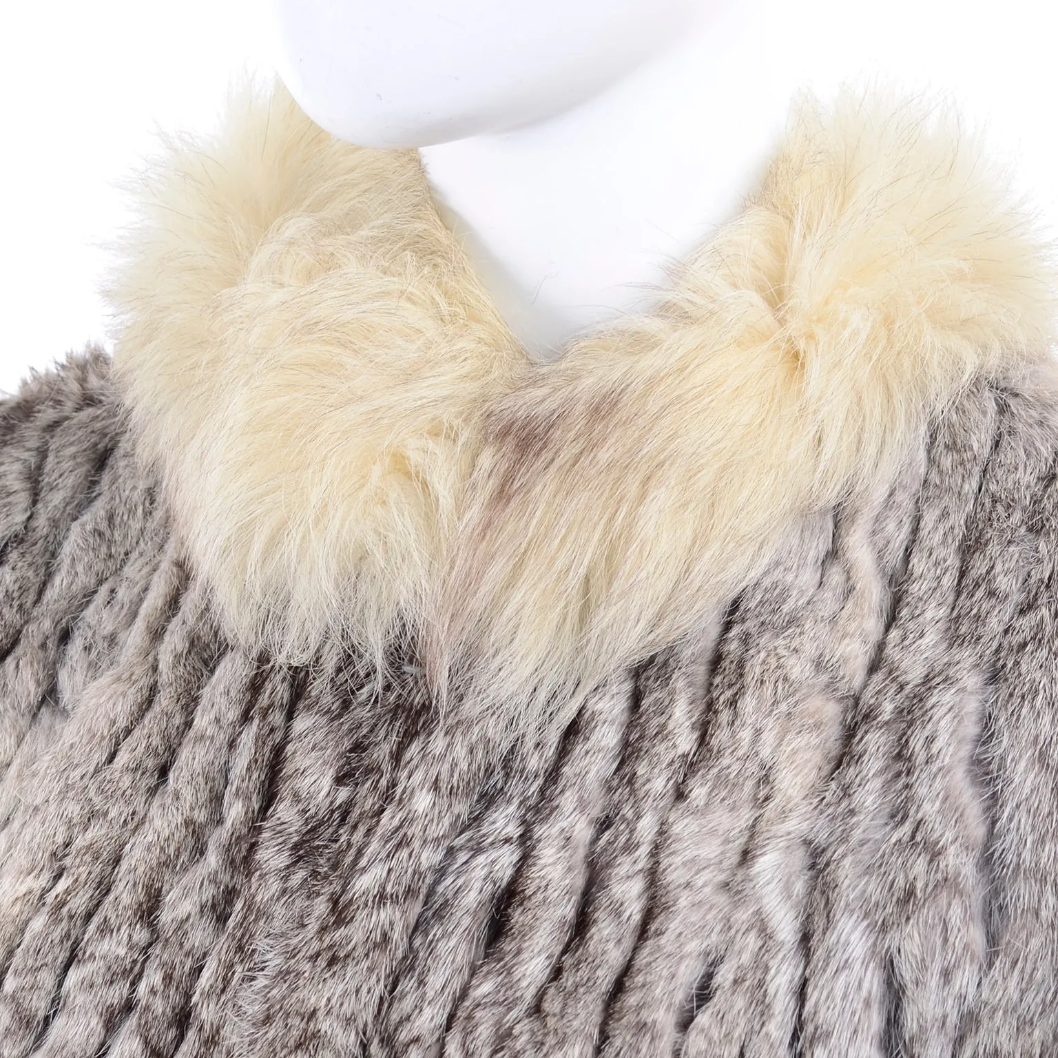 Late 1970s Vintage Finland Fox Fur Trimmed Dyed Rabbit Fur Zip Front Vest