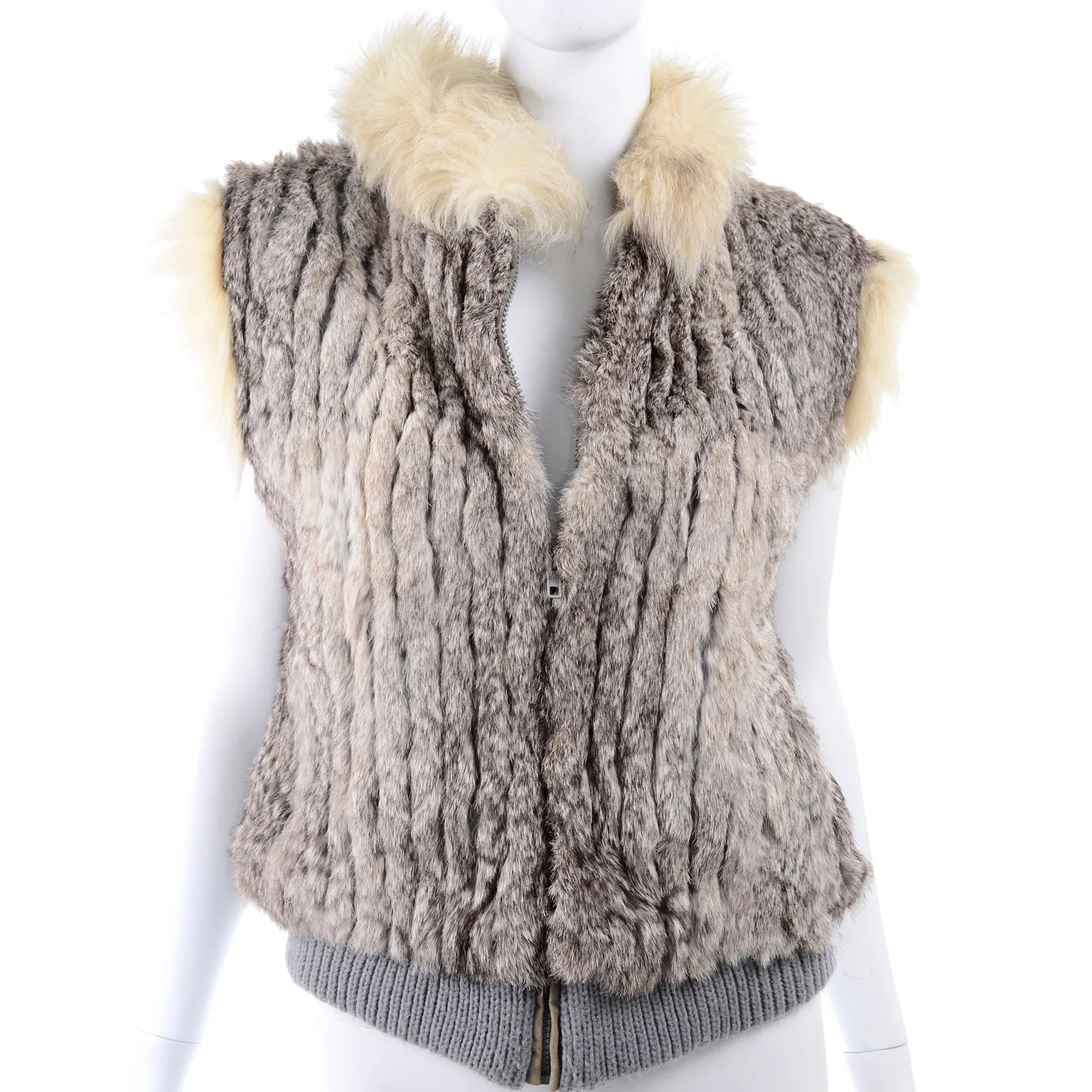 Late 1970s Vintage Finland Fox Fur Trimmed Dyed Rabbit Fur Zip Front Vest