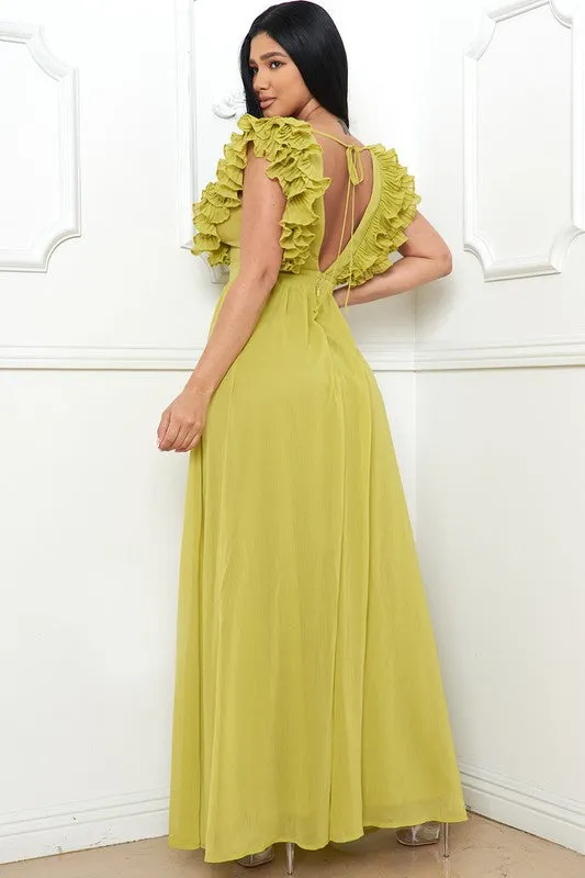 Lime Layered Ruffle On The Side Maxi Dress