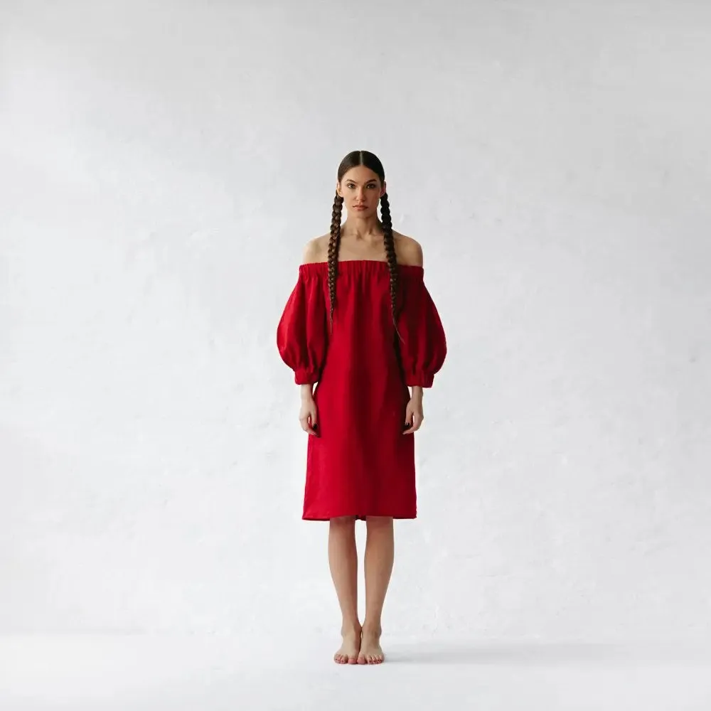 Linen off shoulder dress red by Seaside Tones