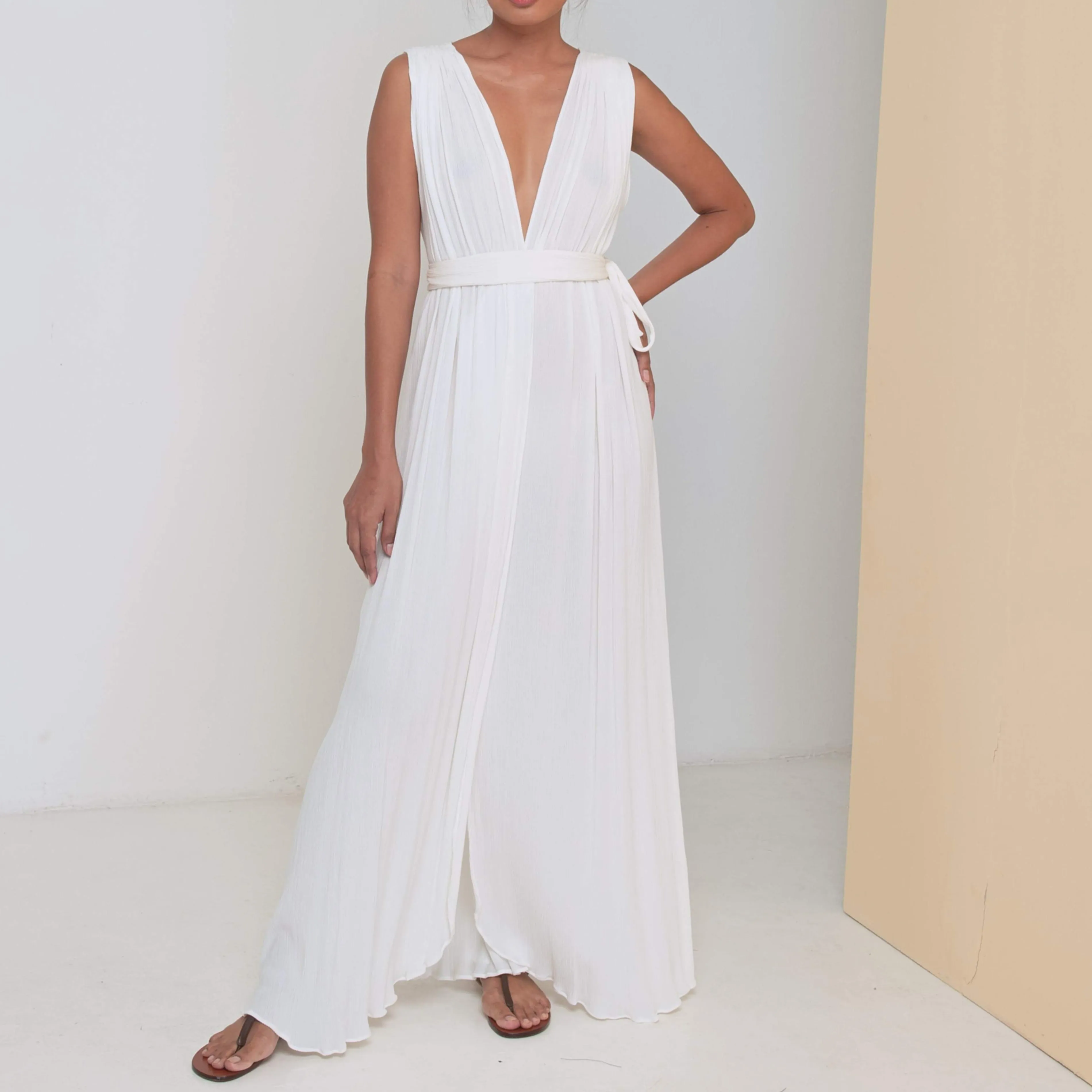 LONG CRISS CROSS DRESS - Crinkled Rayon | Off White