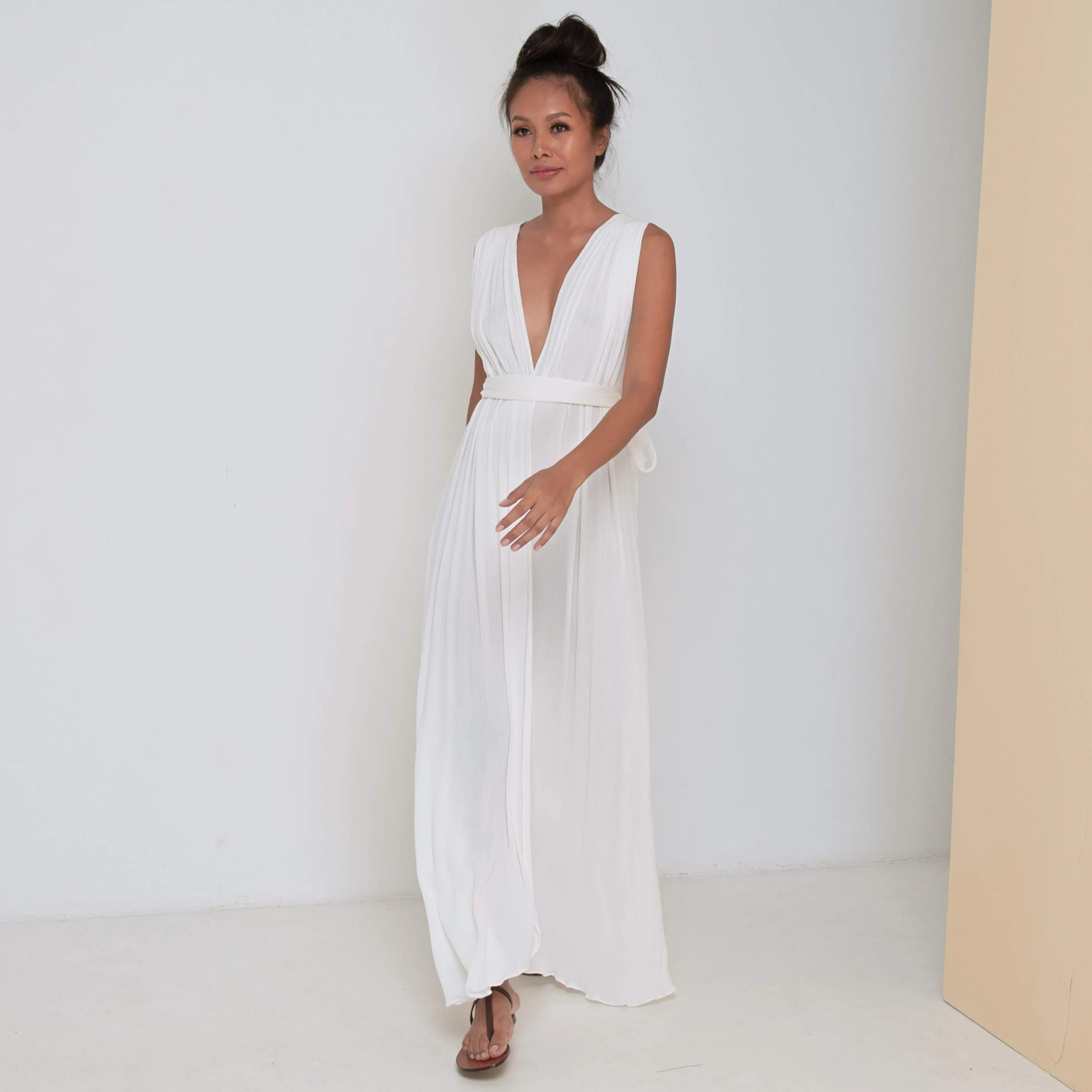 LONG CRISS CROSS DRESS - Crinkled Rayon | Off White