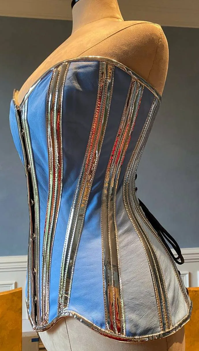 Long steel-boned leather and PVC corset with long hips, double steel bones, blue and silver corset, white and gold corset