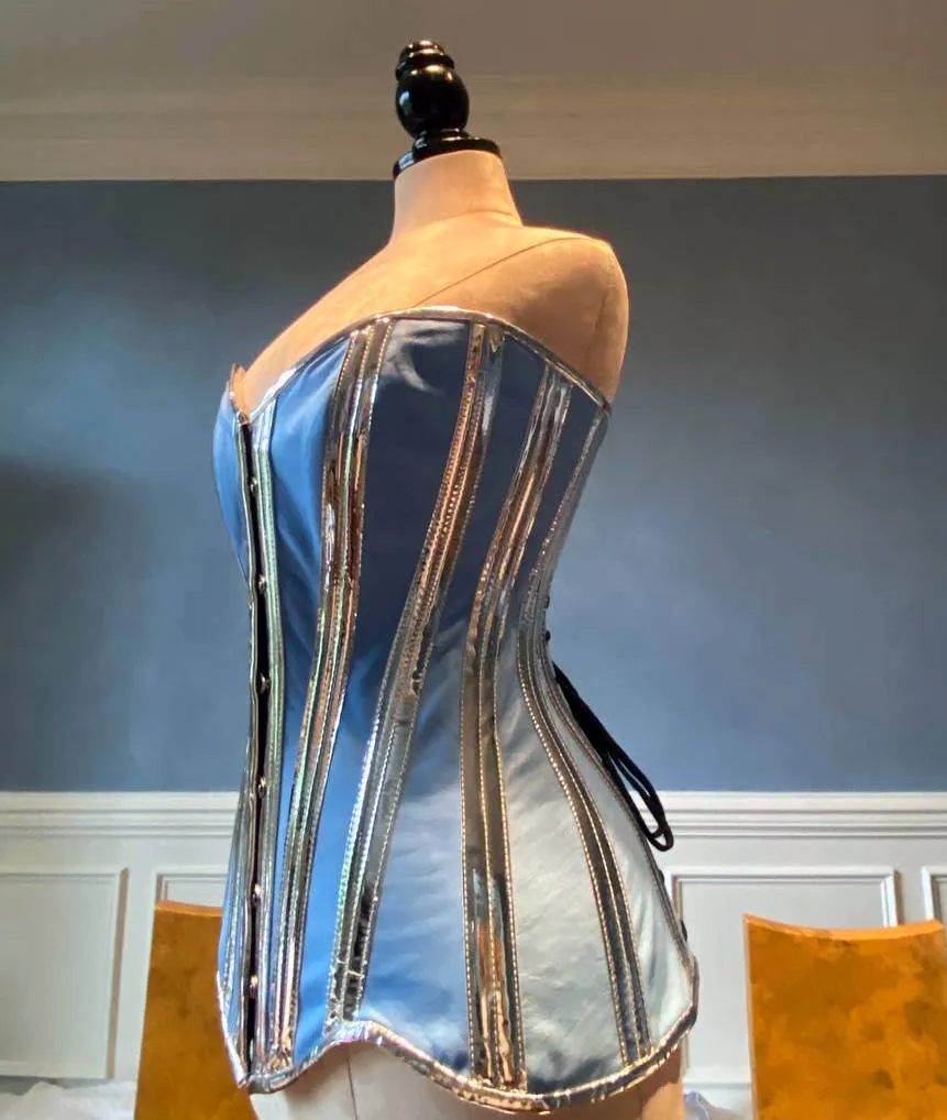 Long steel-boned leather and PVC corset with long hips, double steel bones, blue and silver corset, white and gold corset