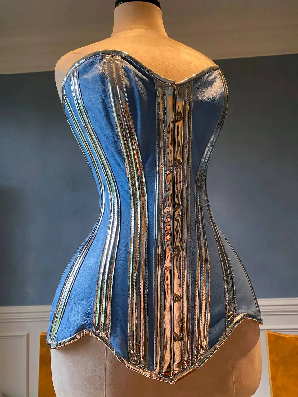 Long steel-boned leather and PVC corset with long hips, double steel bones, blue and silver corset, white and gold corset