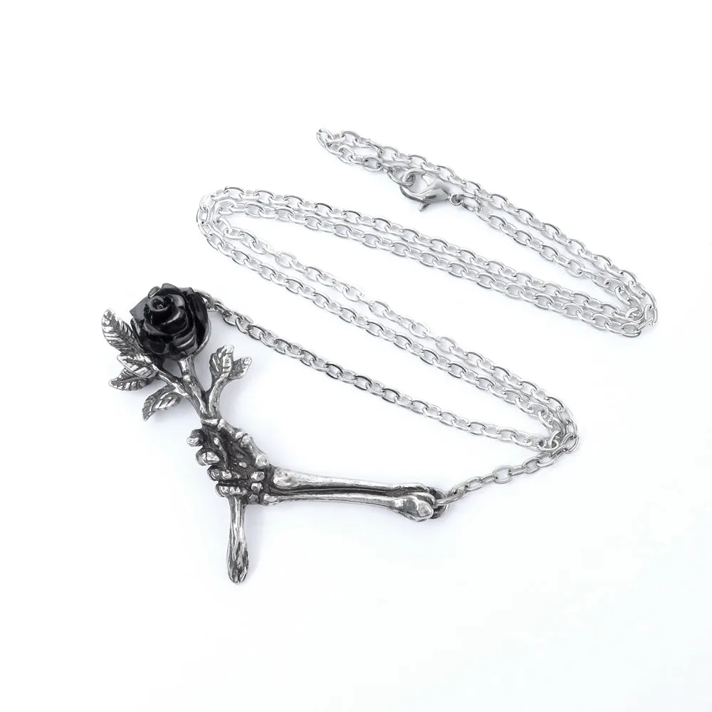 Love Never Dies Necklace, Black Rose & Skeleton Hand by Alchemy Gothic