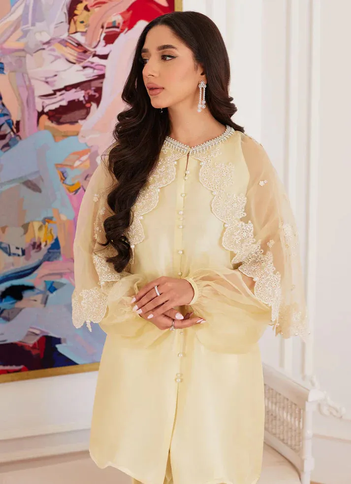 Luna Eid 24 - Esmeralda Pastel Yellow Raw Silk Shirt With Attached Cape