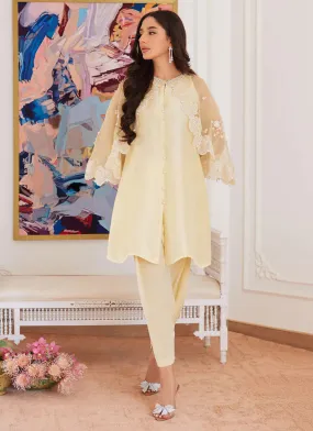 Luna Eid 24 - Esmeralda Pastel Yellow Raw Silk Shirt With Attached Cape