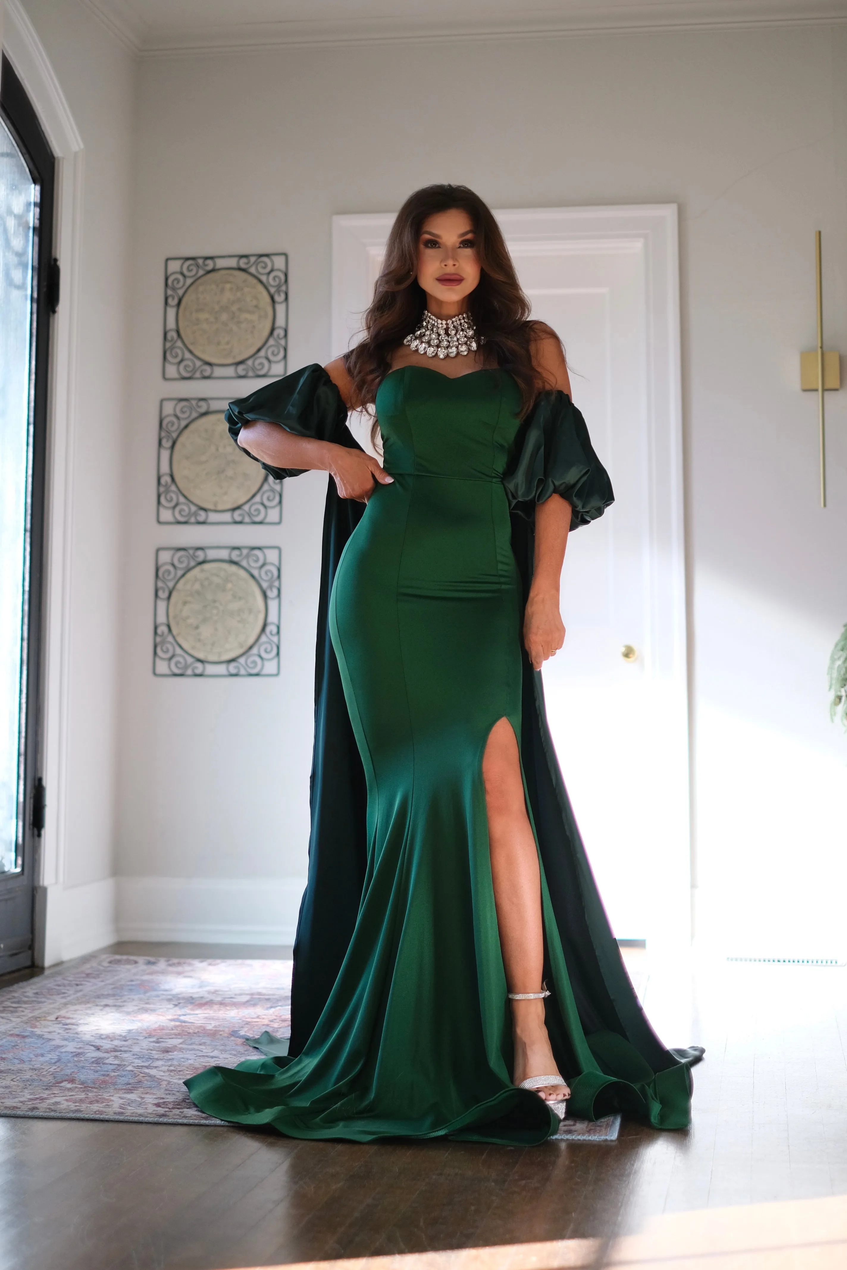 Luna hunter green strapless formal with slit and cape