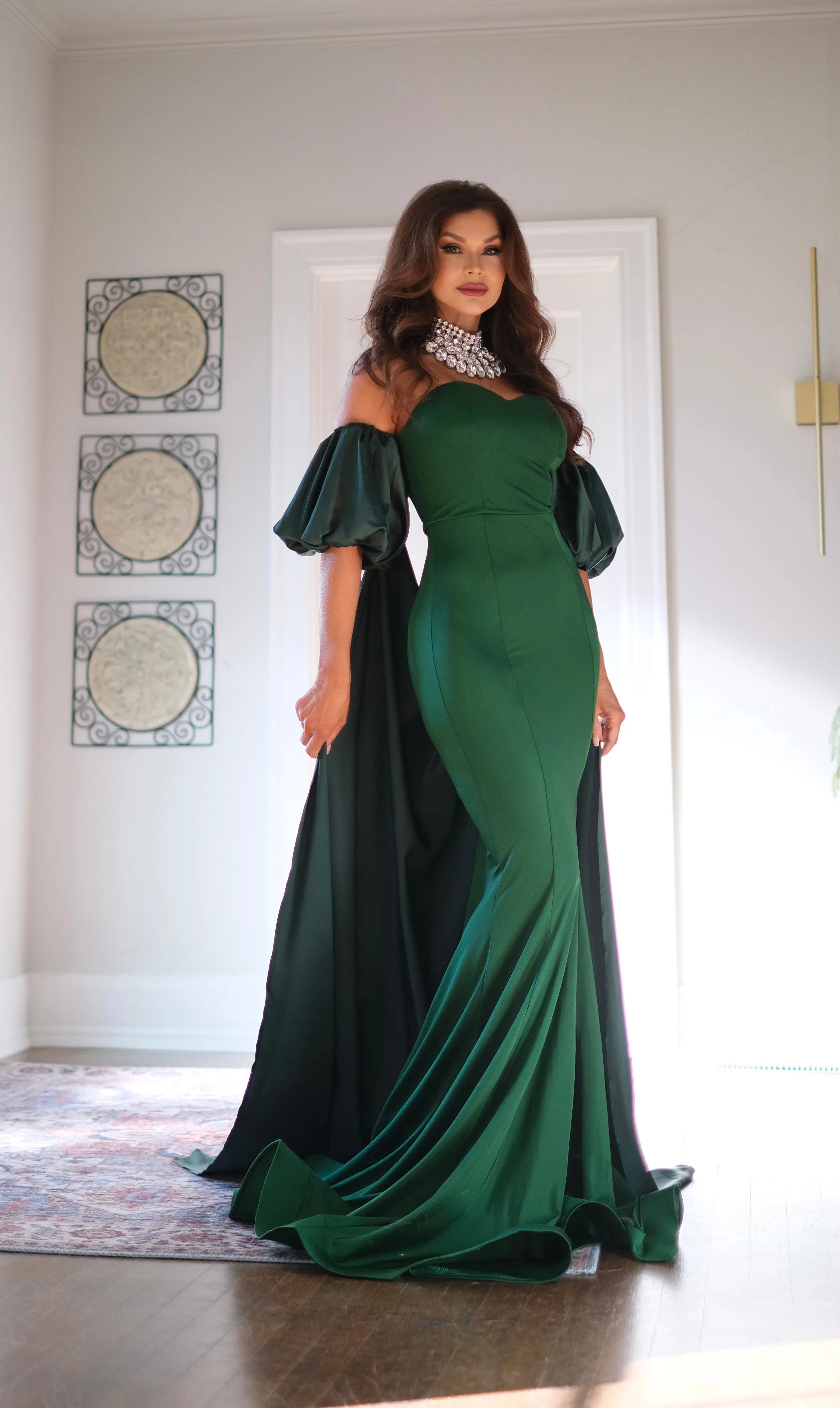 Luna hunter green strapless formal with slit and cape