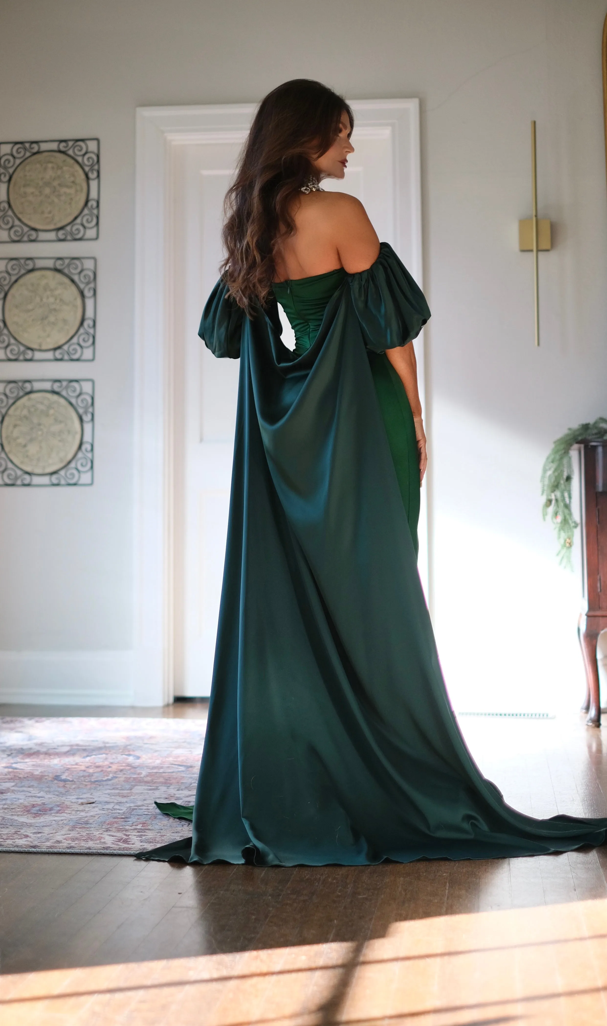 Luna hunter green strapless formal with slit and cape