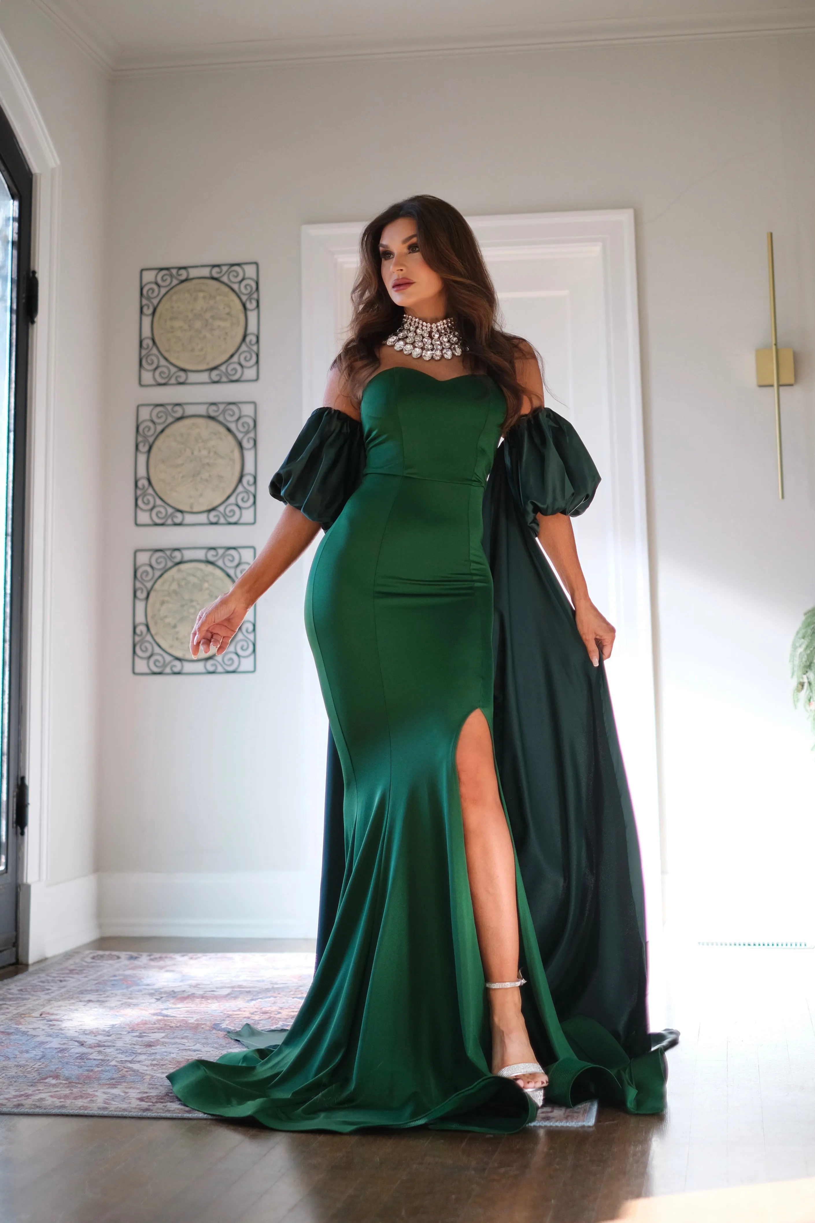 Luna hunter green strapless formal with slit and cape