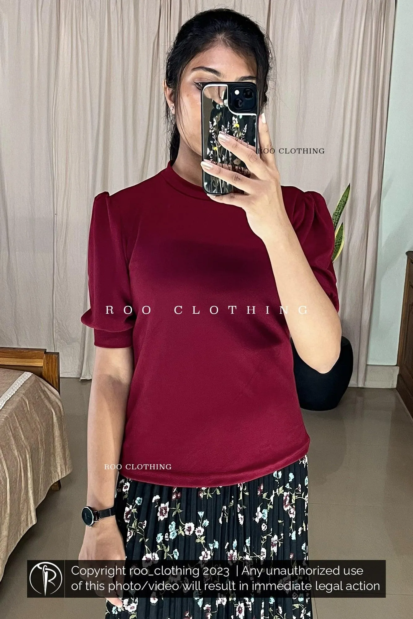 Maroon Crew Neck Puff Sleeves Top Only