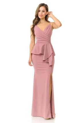 Mauve Wrap Top Strap Peplum Waist Thigh Slit Long Dress