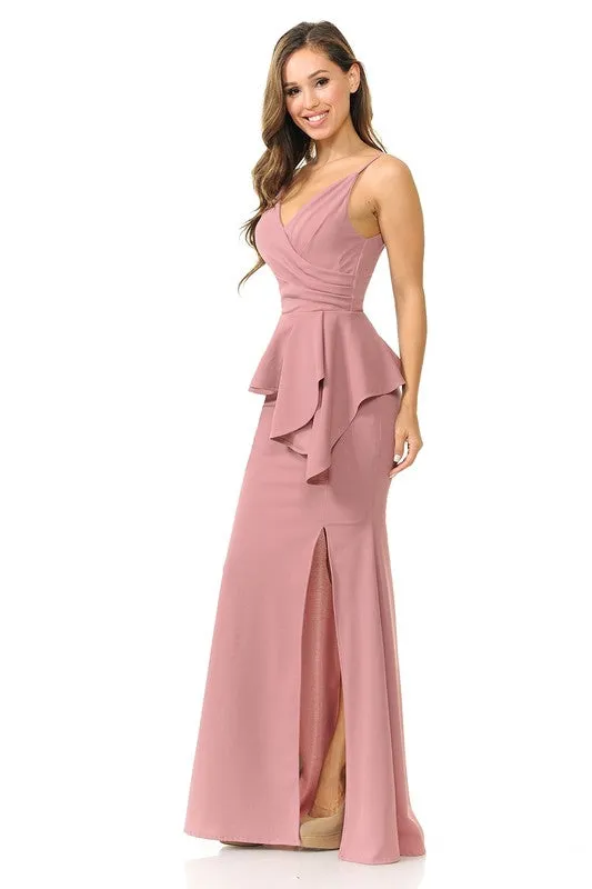 Mauve Wrap Top Strap Peplum Waist Thigh Slit Long Dress