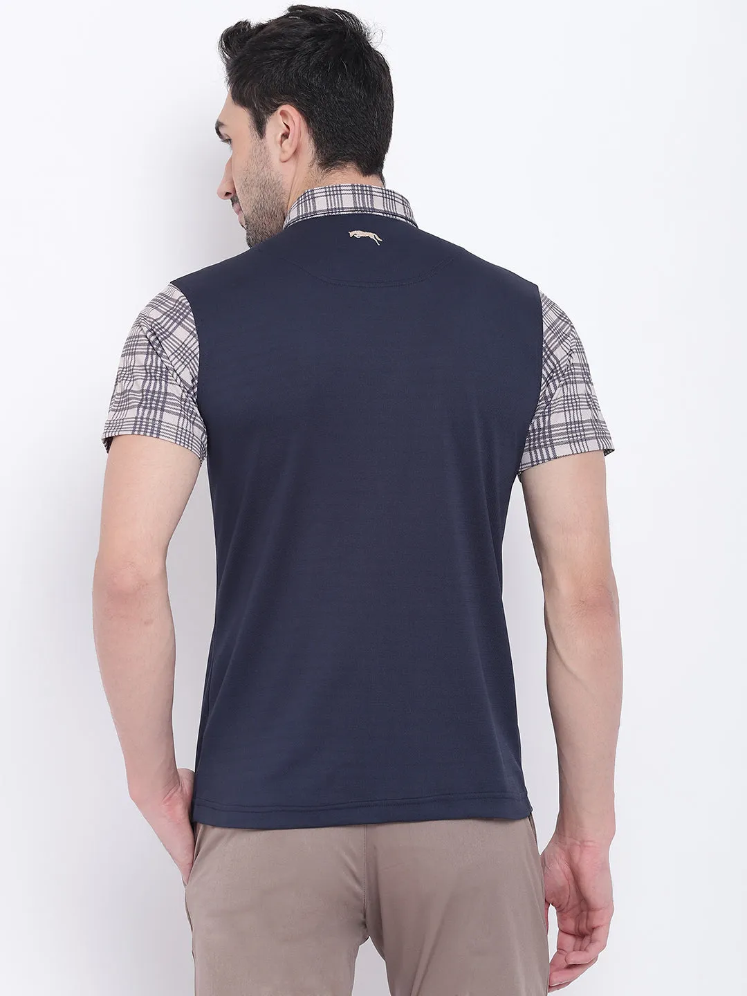 Men Casual Solid Navy Blue Polo Collar T-Shirt