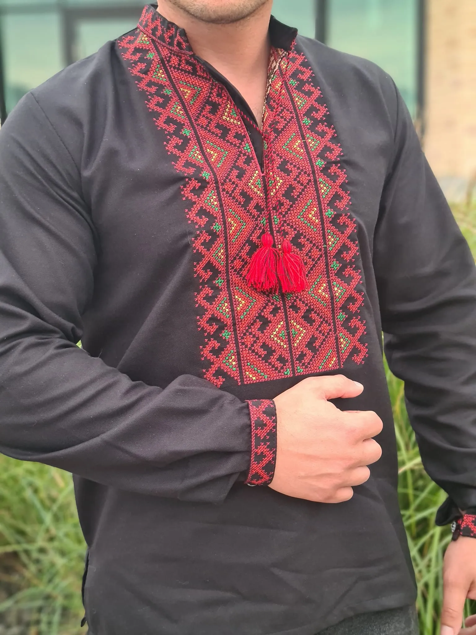 Men's embroidered jacket of black color with Harmony ornament with blue and red ornament